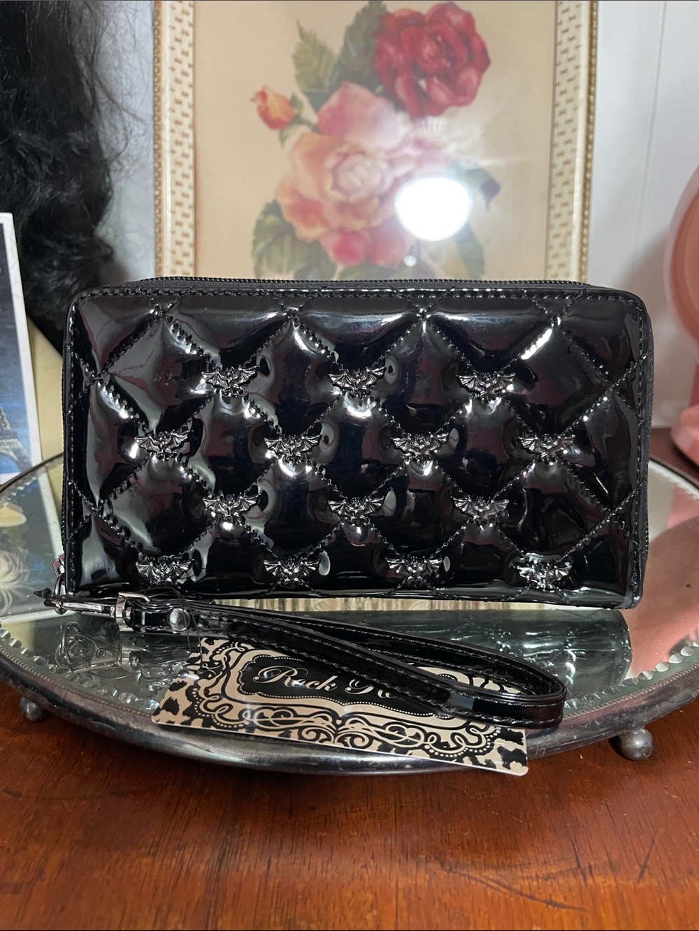 Rock Rebel Quilted Patent Wristlet Wallet - Black